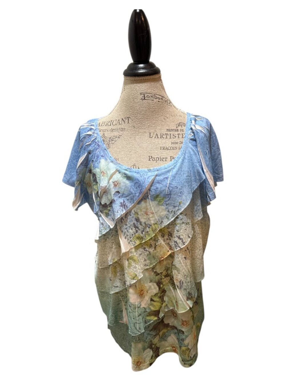 Decorated Originals Sz L Blue & Green Floral Ruffle & Pleat Short Sleeve Top